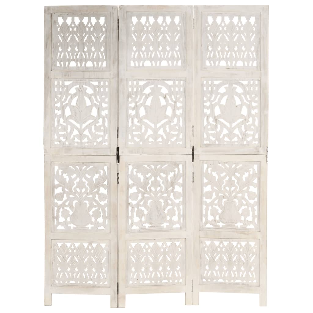 Hand carved 3-Panel Room Divider White 120x165 cm Solid Mango Wood