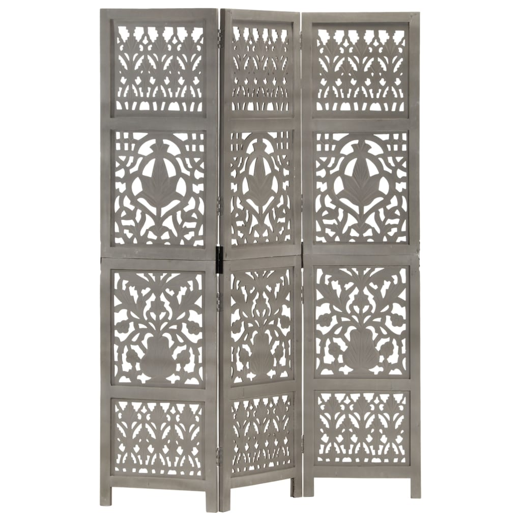 Hand Carved 3-Panel Room Divider Grey 120x165 cm Solid Mango Wood