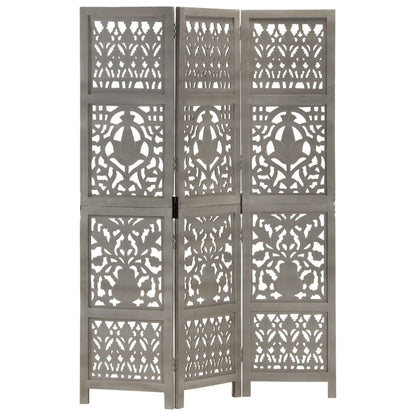 Hand Carved 3-Panel Room Divider Grey 120x165 cm Solid Mango Wood