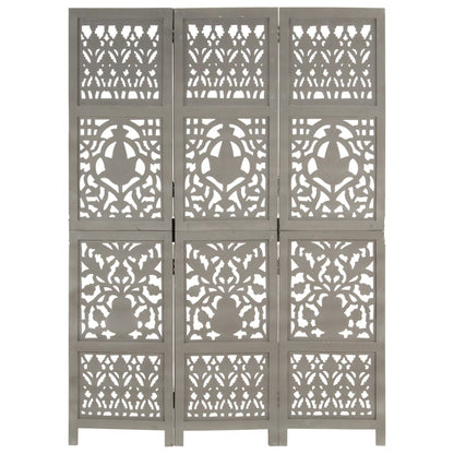 Hand Carved 3-Panel Room Divider Grey 120x165 cm Solid Mango Wood