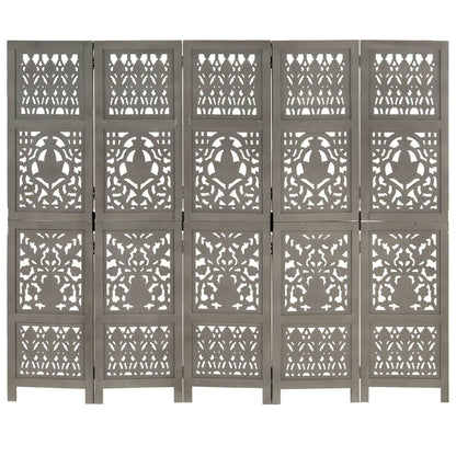 Hand Carved 5-Panel Room Divider Grey 200x165 cm Solid Mango Wood