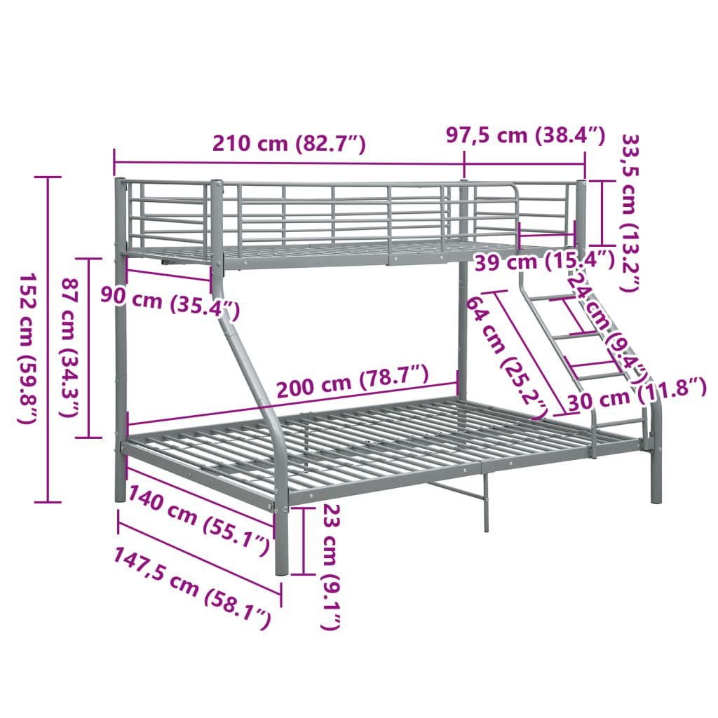 Bunk Bed | Grey | Powder-Coated Steel | Twin and Full |  Durable