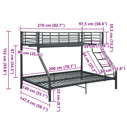 Bunk Bed | Black | Metal | 140x200 cm/90x200 cm | Bunk Bed | Rectangular