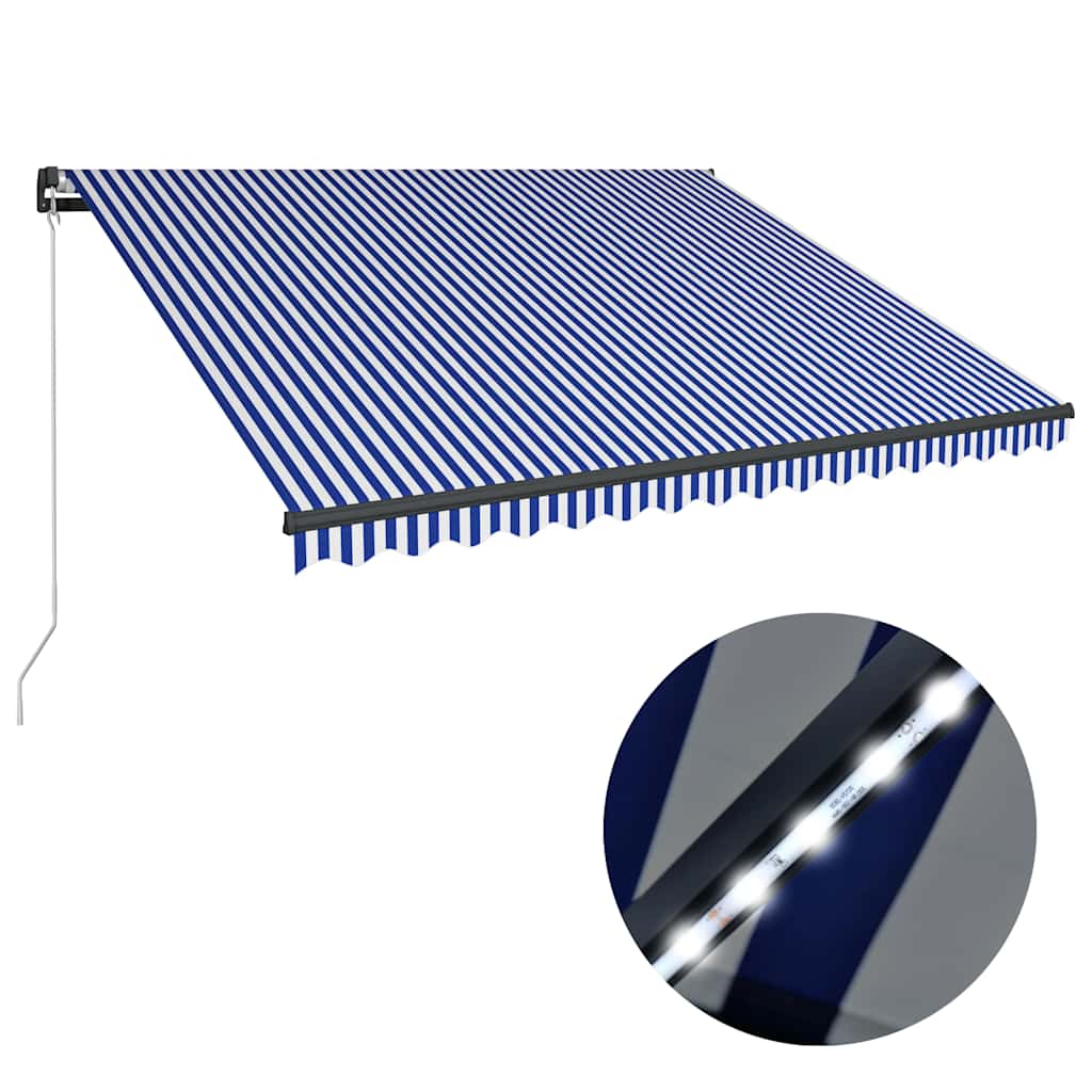 Manual Awning with Solar LED 4.5 x 3 m Blue and White Stripe
