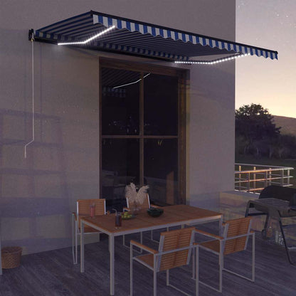 Manual Awning with Solar LED 4.5 x 3 m Blue and White Stripe