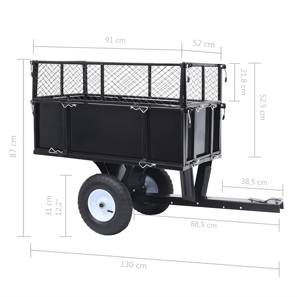 Tipping Trailer for Lawn Mower 150 kg Load - Image displaying the trailer attached to a lawn mower, ideal for transporting garden materials.