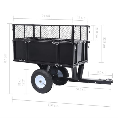 Tipping Trailer for Lawn Mower 150 kg Load - Image displaying the trailer attached to a lawn mower, ideal for transporting garden materials.
