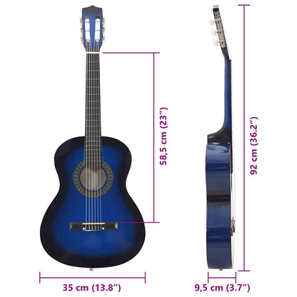 8 Piece Classical Guitar Beginner Set Blue 3/4 36" displayed with accessories such as picks and a pitch pipe, perfect for new guitar players.