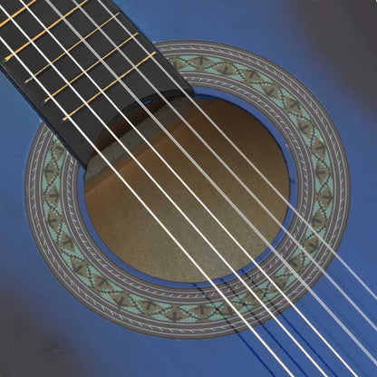 Displaying the complete 8 Piece Classical Guitar Beginner Set Blue 3/4 36", ideal for aspiring guitar players.