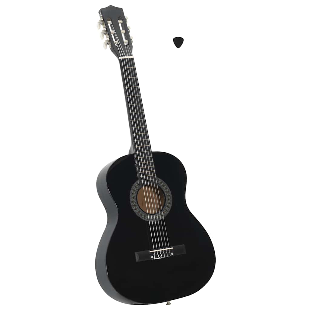 Classical Guitar for Beginner and Kids Black 3/4 36" displayed in a bright setting, showcasing its elegant design and features.