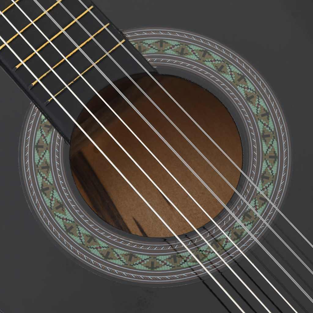 Close-up of the black Classical Guitar for Beginner and Kids 3/4 (36 inches) showing its fine craftsmanship and materials.