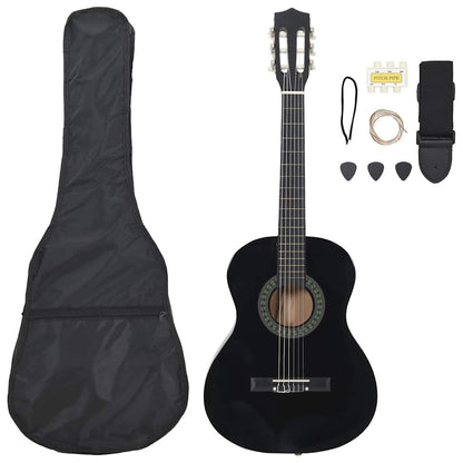 8 Piece Classical Guitar Beginner Set Black 3/4 36" showcasing the sleek black design with basswood body suitable for new musicians.