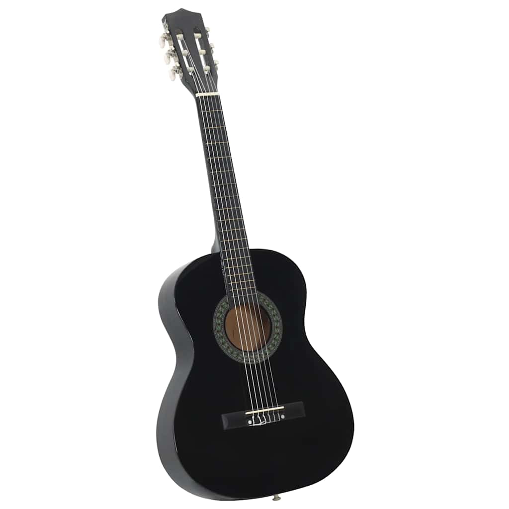 Flat lay of the 8 Piece Classical Guitar Beginner Set Black 3/4 36" including guitar, bag, strap, picks, pitch pipe, and string set.