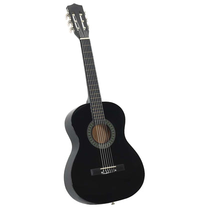 Flat lay of the 8 Piece Classical Guitar Beginner Set Black 3/4 36" including guitar, bag, strap, picks, pitch pipe, and string set.
