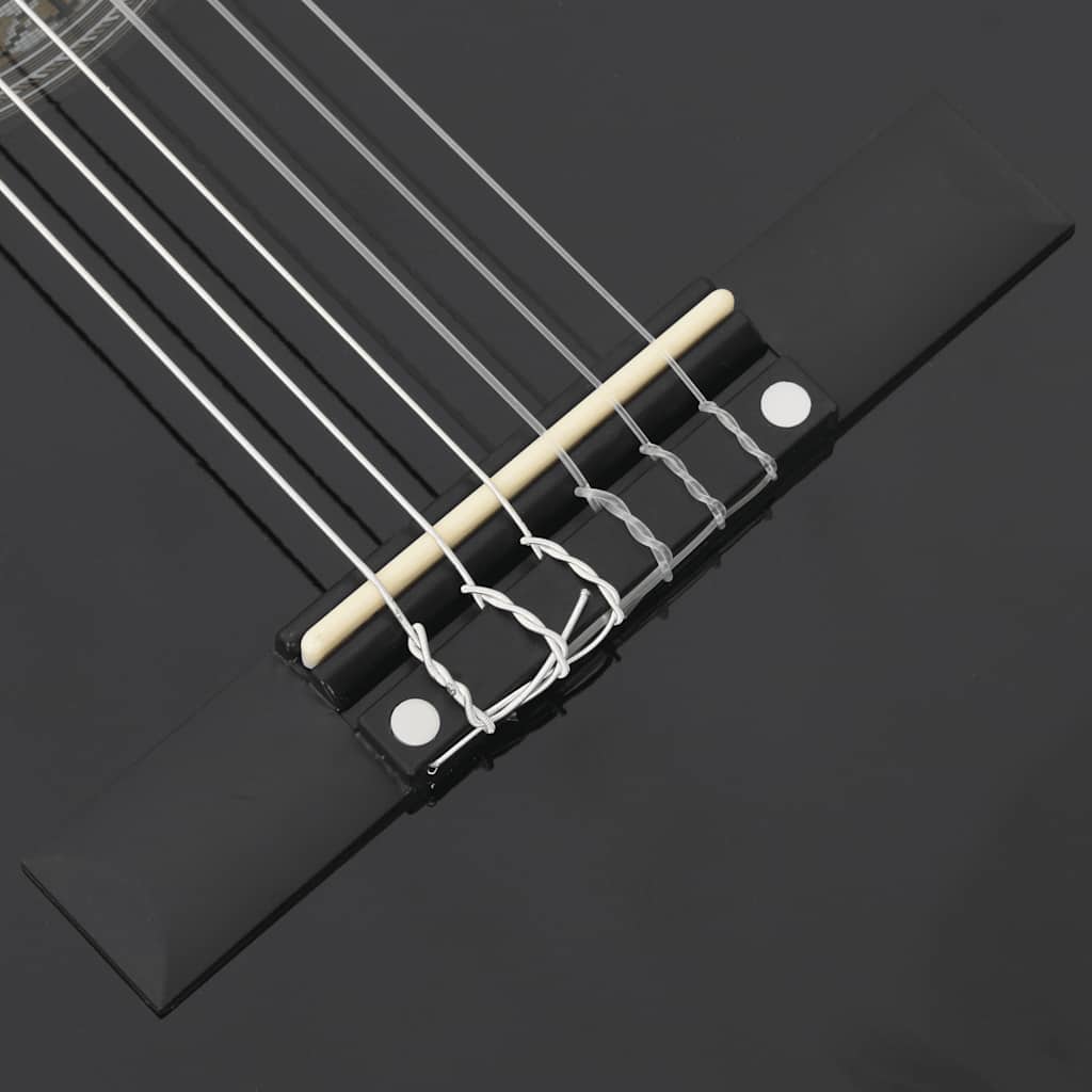 8 Piece Classical Guitar Beginner Set Black 3/4 36" - Close-up of the classical guitar's body made of solid basswood with hard plastic buttons.