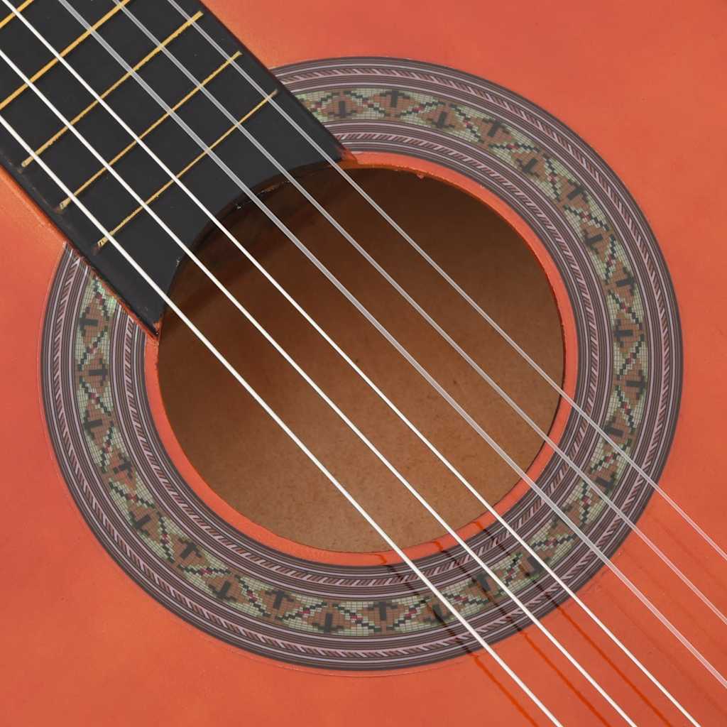 Complete 8 Piece Classical Guitar Beginner Set 3/4 36" displayed with all accessories including guitar bag, strap and picks for beginner musicians.