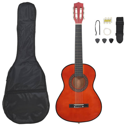 8 Piece Classical Guitar Beginner Set 1/2 34" with natural finish and accessories including a guitar bag and strap.