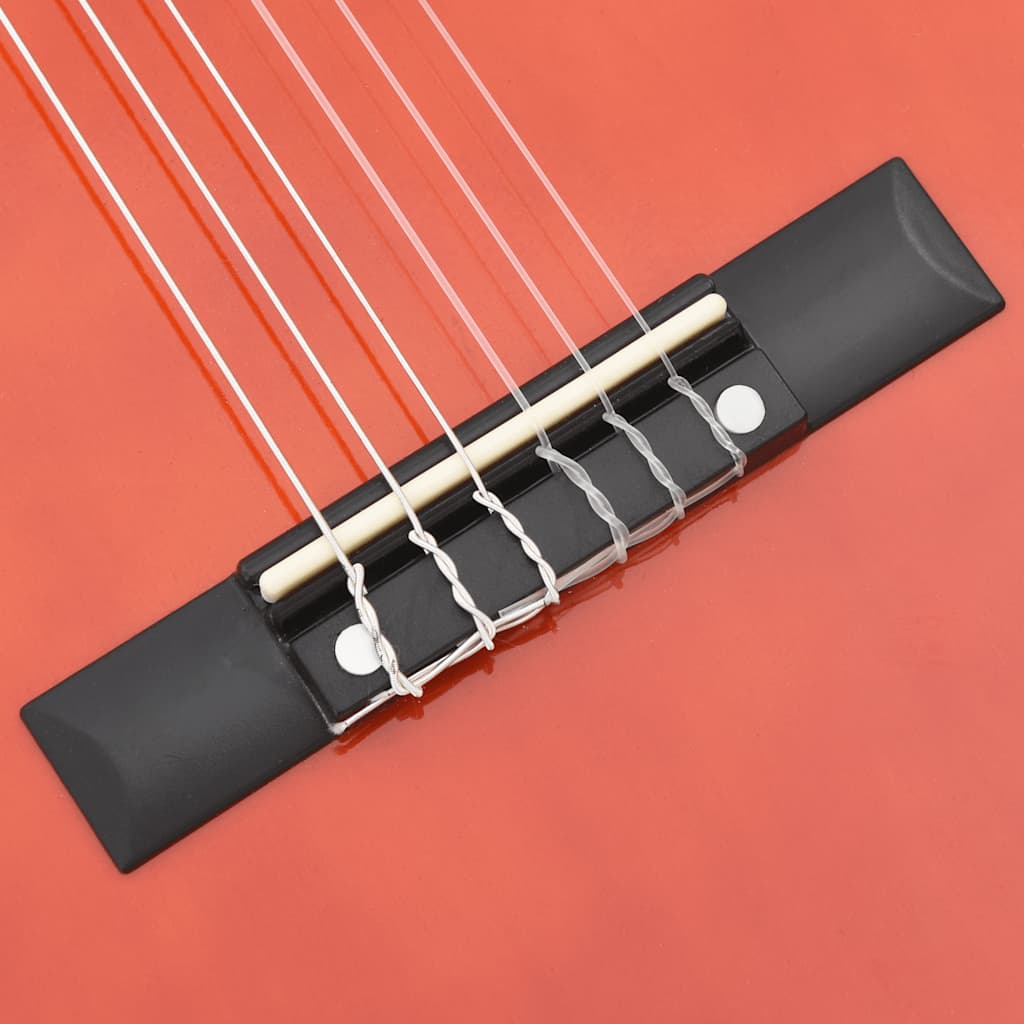 Close-up of the 8 Piece Classical Guitar Beginner Set 1/2 34", showcasing the fingerboard and hard plastic buttons, perfect for learning.