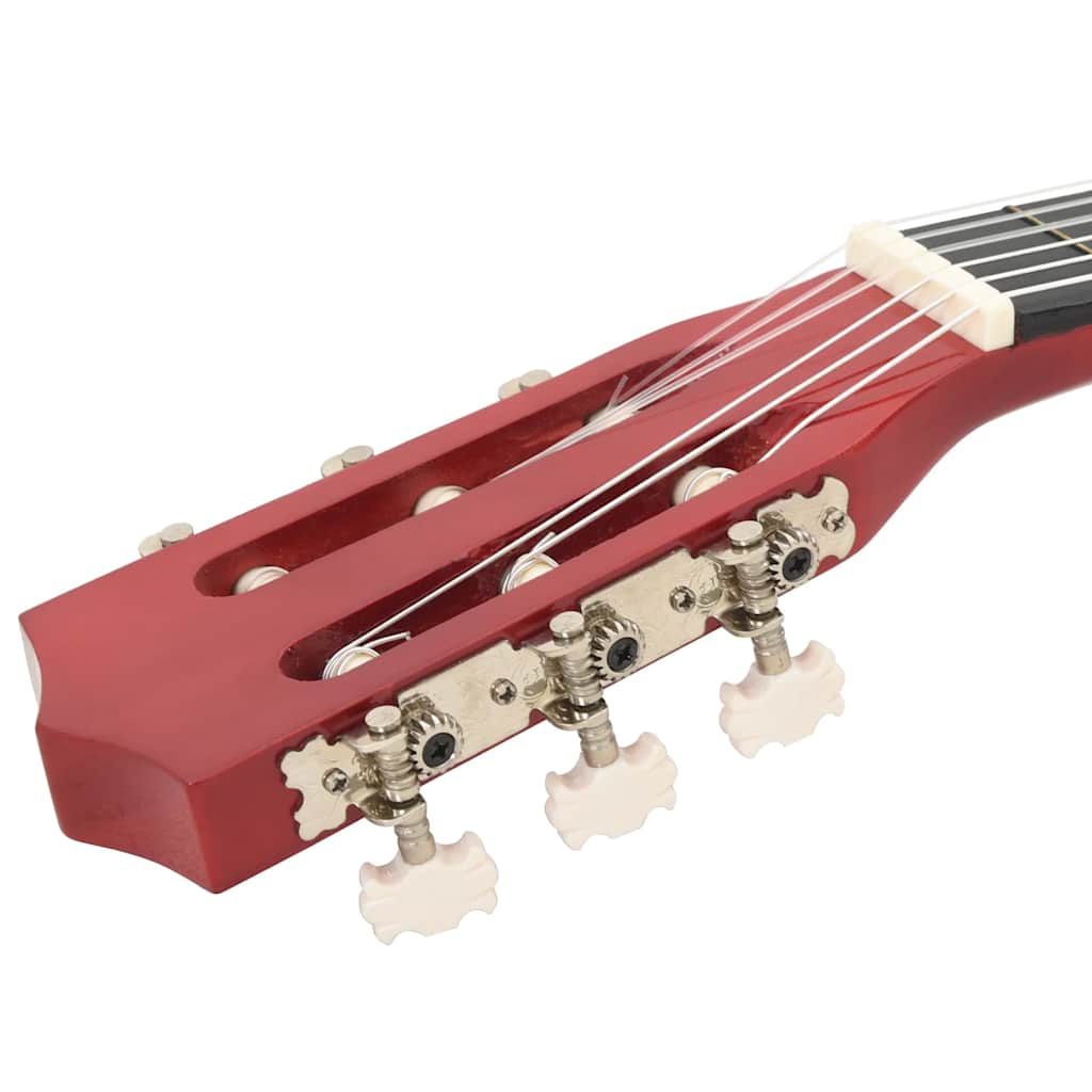 The complete 8 Piece Classical Guitar Beginner Set 1/2 34" including the guitar, pitch pipe, and string set, great for aspiring guitarists.