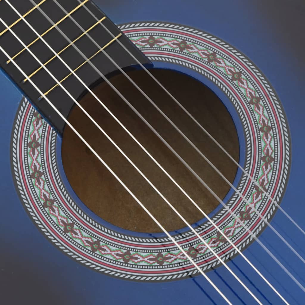 Side profile of the Western Classical Cutaway Guitar with 6 Strings Blue Shaded 38, emphasizing its cutaway feature and sleek contours.