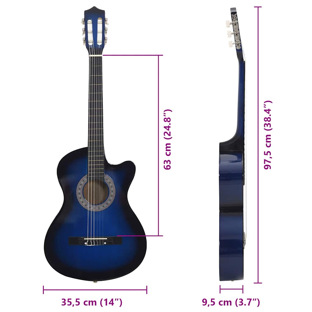 Western Classical Cutaway Guitar with 6 Strings Blue Shaded 38 positioned for a perfect strumming angle, highlighting its scale and craftsmanship.