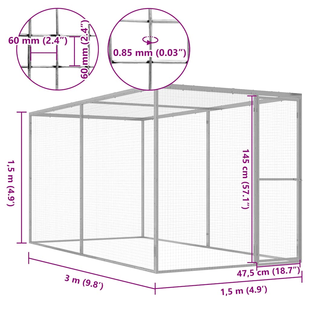 Cat Cage | Silver | Galvanised steel | 3x1.5x1.5 metres | Durable
