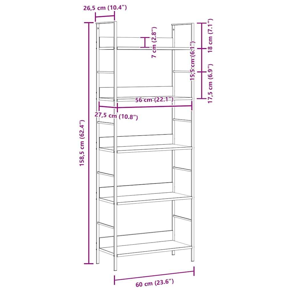 288227 vidaXL 5-Layer Book Shelf Oak 60x27,6x158,5 cm Engineered Wood