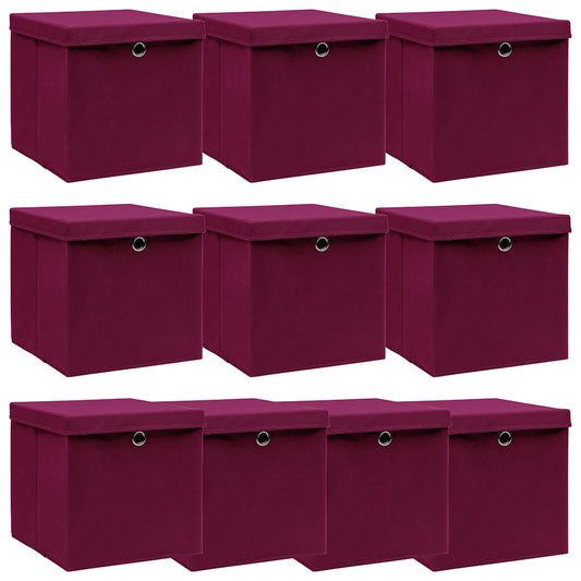 Storage Boxes with Lids 10 pcs Dark Red 32x32x32 cm Fabric