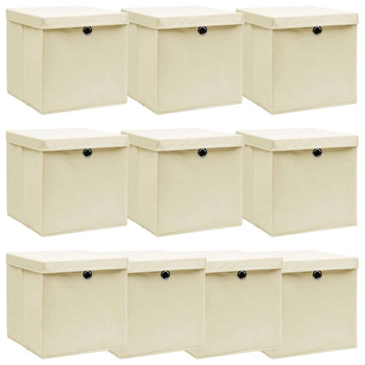 Storage Boxes with Lid 10 pcs Cream 32x32x32 cm Fabric