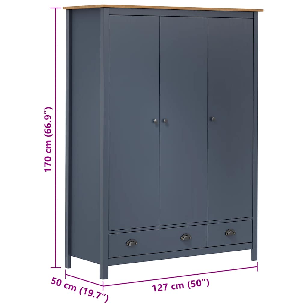 3-Door Wardrobe Hill Grey 127x50x170 cm Solid Pine Wood