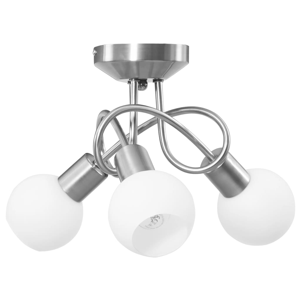 Ceiling Lamp with Ceramic Shades for 3 E14 Bulbs White Bowl featuring detailed view of the chromed plated steel tubes and white shades.