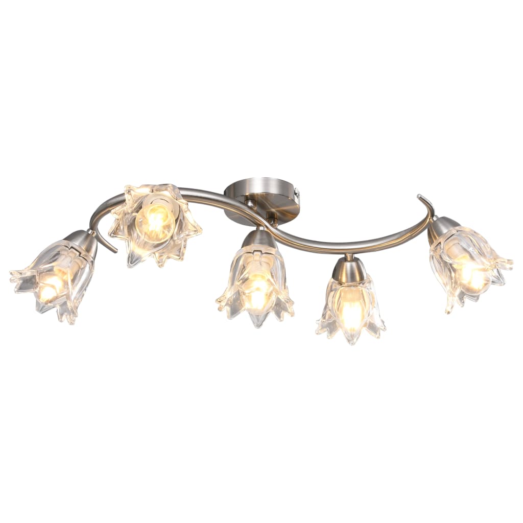 Stylish ceiling lamp with transparent glass shades for 5 E14 bulbs, featuring an elegant tulip design and a contemporary satin chrome finish, perfect for adding a touch of sophistication to your living room or bedroom.