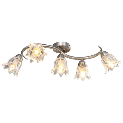 Stylish ceiling lamp with transparent glass shades for 5 E14 bulbs, featuring an elegant tulip design and a contemporary satin chrome finish, perfect for adding a touch of sophistication to your living room or bedroom.