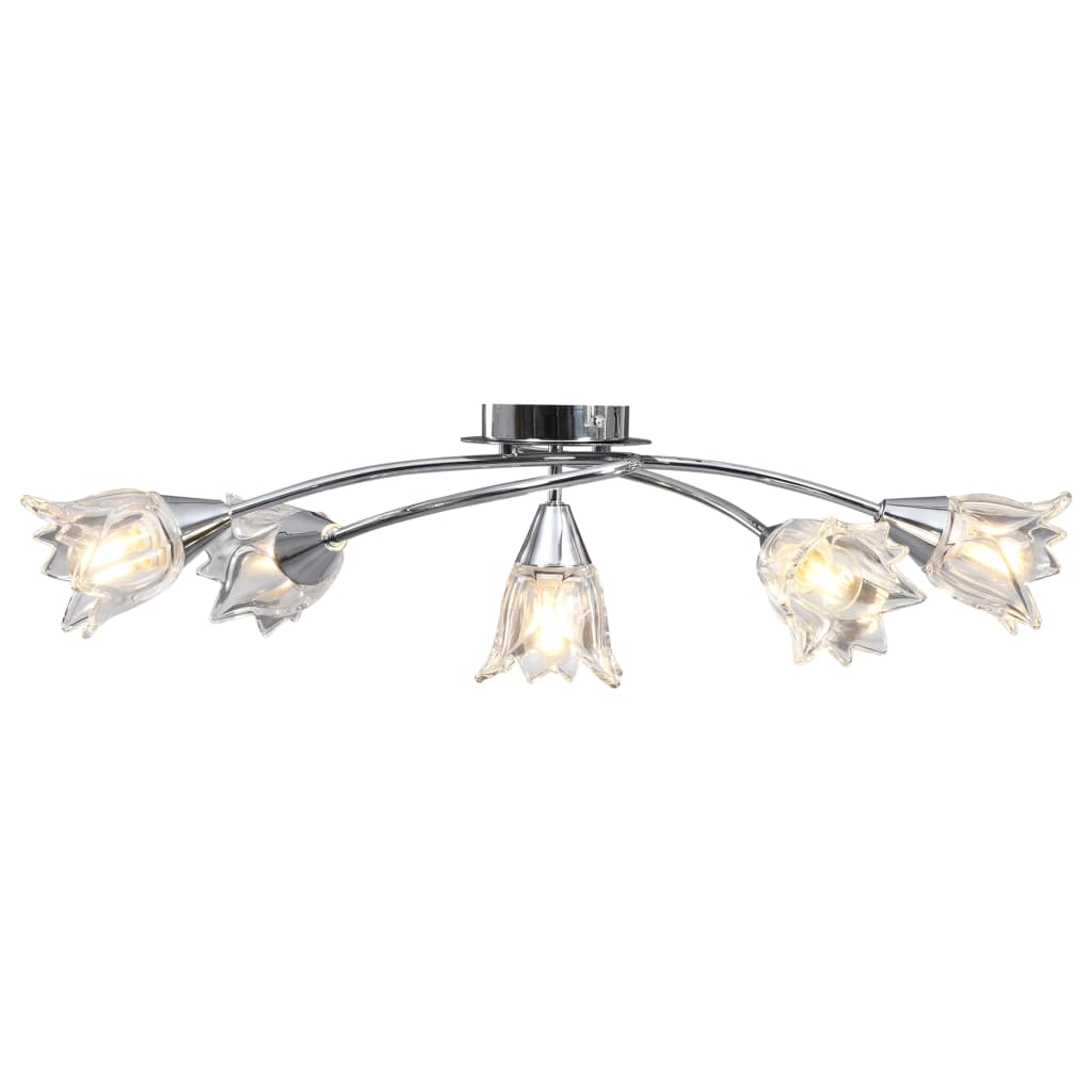 Ceiling Lamp with Transparent Glass Shades for 5 E14 Bulbs Tulip, featuring elegant satin chrome finish and unique tulip design, perfect for modern living rooms and bedrooms.