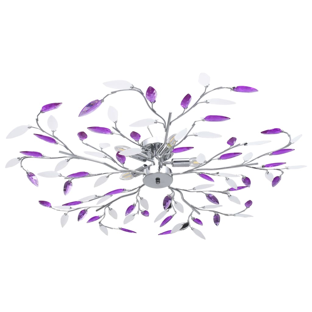 Ceiling lamp with acrylic crystal leaf arms designed for 5 E14 bulbs in a vibrant purple colour, perfect for modern living rooms or bedrooms.