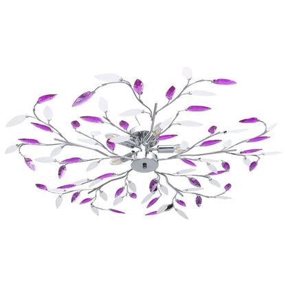 Ceiling lamp with acrylic crystal leaf arms designed for 5 E14 bulbs in a vibrant purple colour, perfect for modern living rooms or bedrooms.