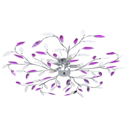 Ceiling lamp with acrylic crystal leaf arms designed for 5 E14 bulbs in a vibrant purple colour, perfect for modern living rooms or bedrooms.