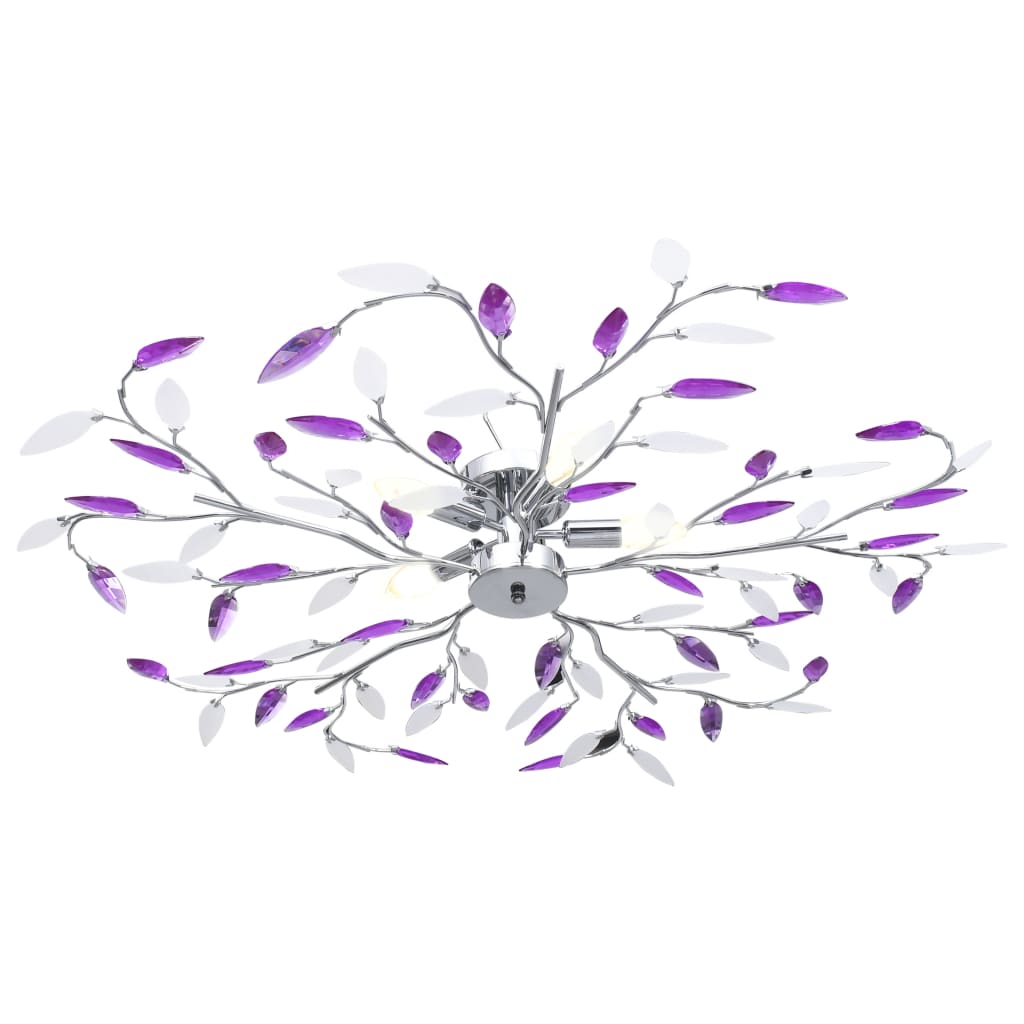 Stylish ceiling lamp featuring an elegant leaf-shape design with acrylic crystal arms, compatible with 5 E14 bulbs, ideal for contemporary home decor in purple.