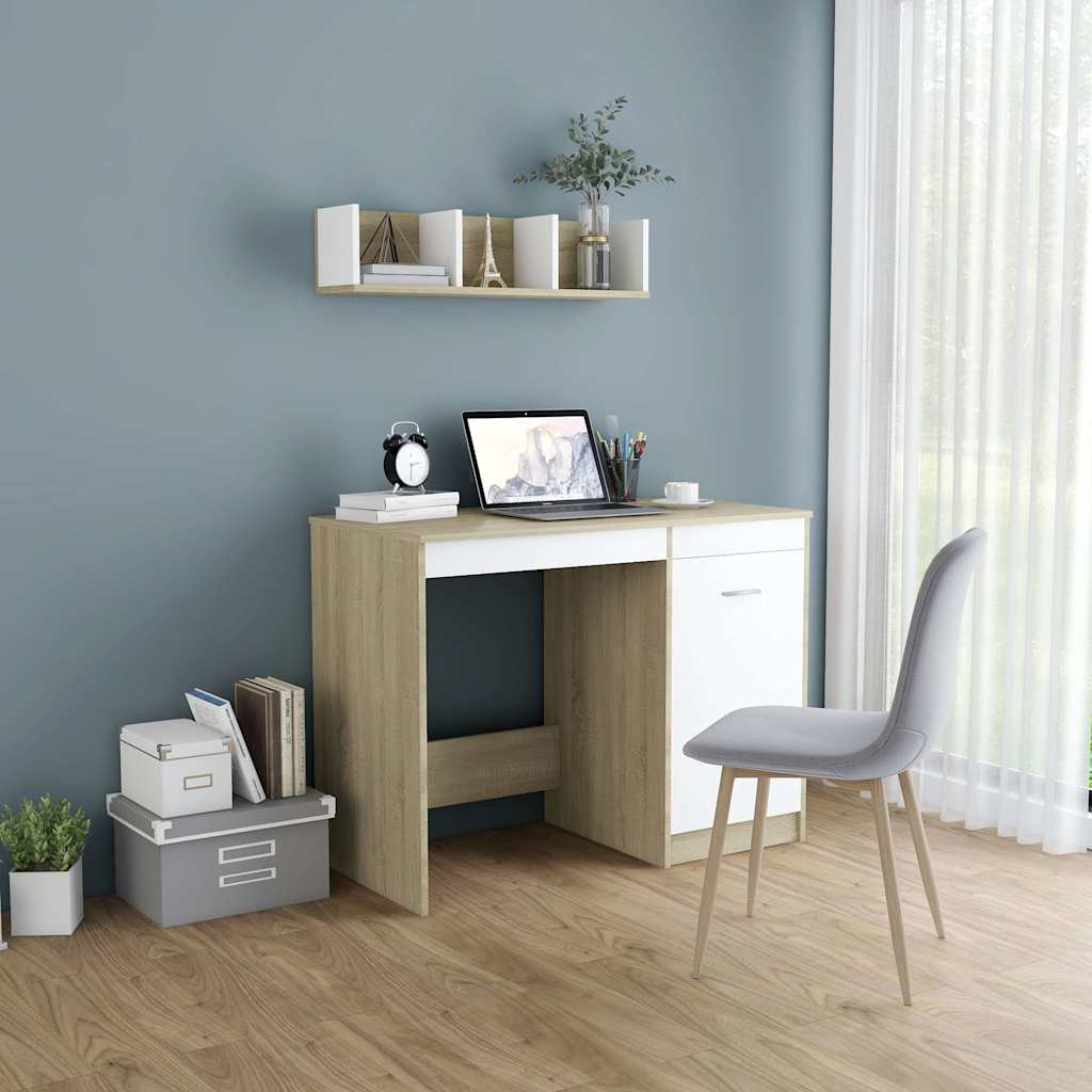 801801 vidaXL Desk White and Sonoma Oak 100x50x76 cm Engineered Wood