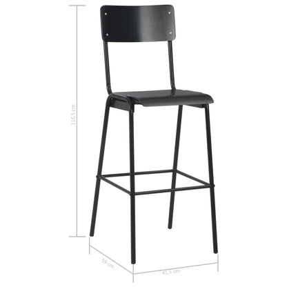 Set of 4 black bar chairs made from solid plywood and powder-coated steel, perfect for dining rooms and kitchens, featuring a sleek design and stackable convenience.