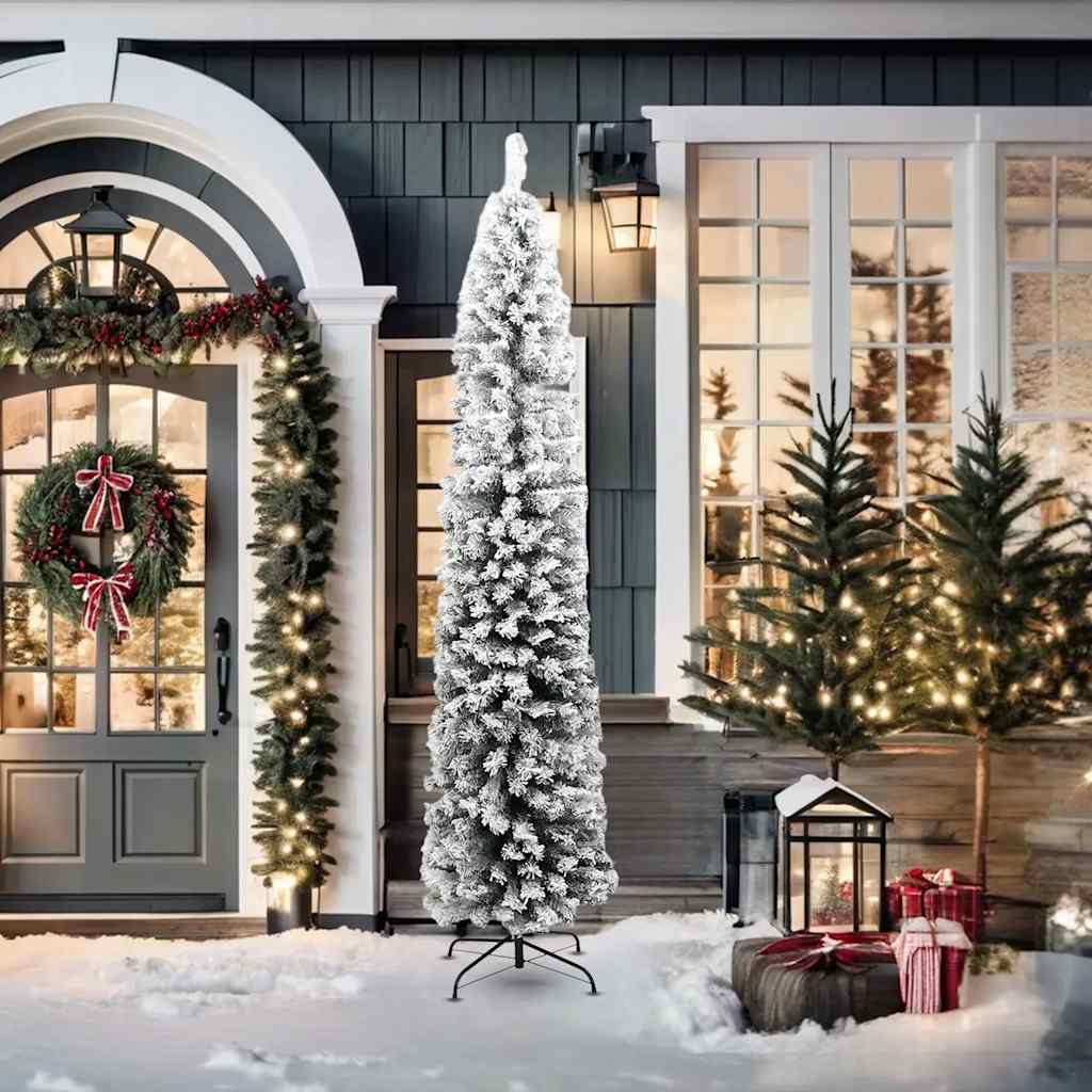 Slim Artificial Christmas Tree with Flocked Snow Green 210 cm PVC