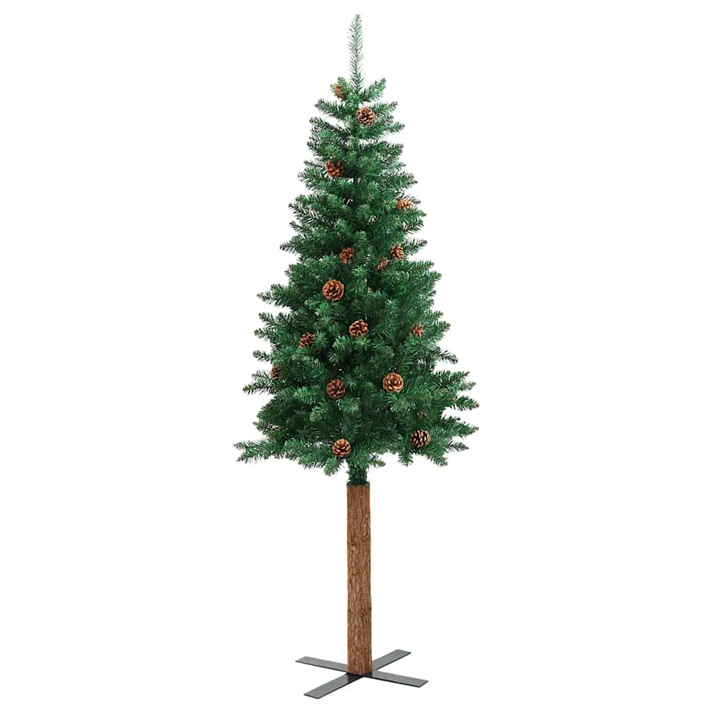 Slim Christmas Tree with Real Wood and Cones Green 150 cm PVC