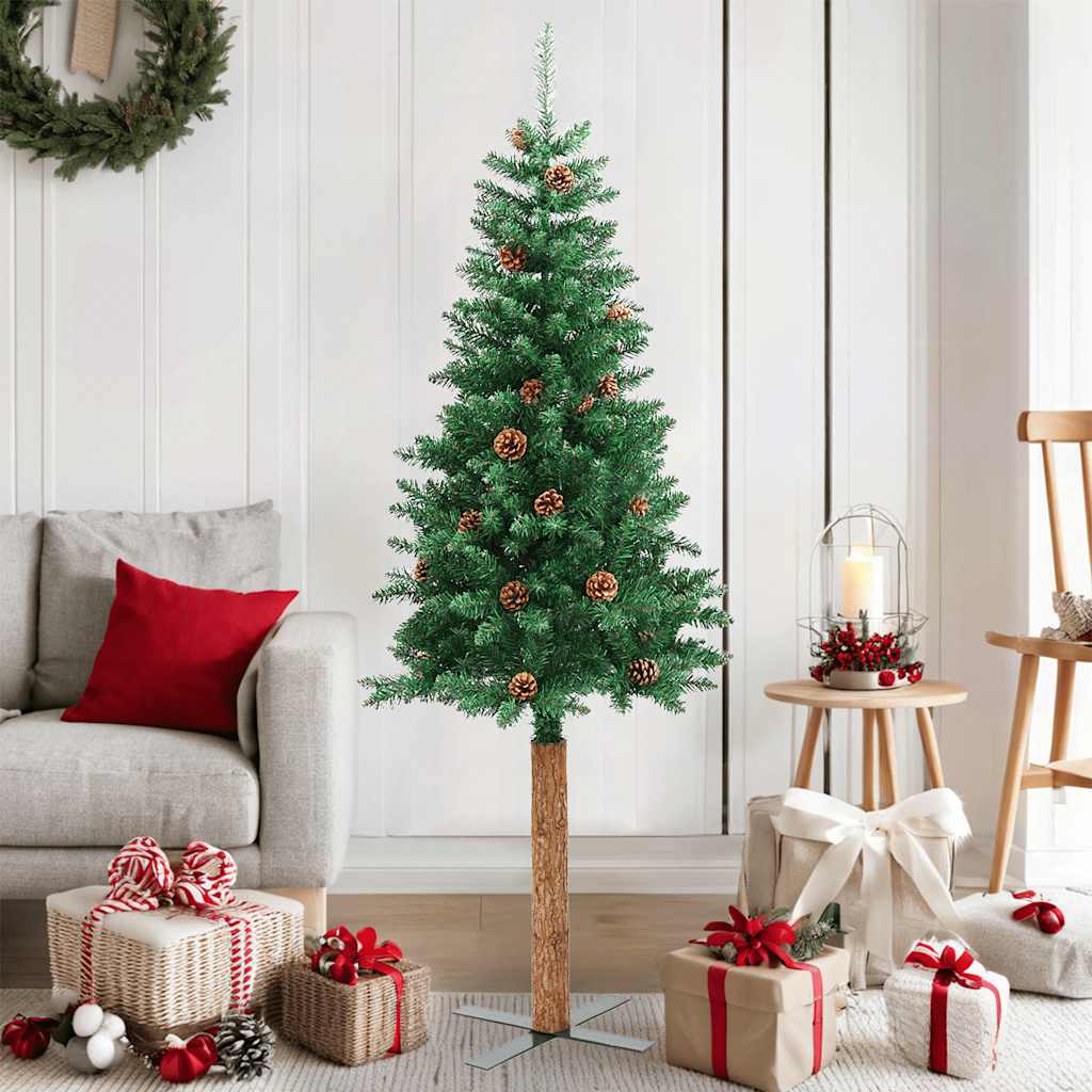 Slim Christmas Tree with Real Wood and Cones Green 150 cm PVC