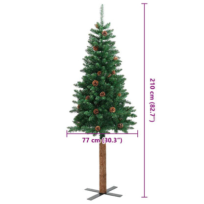 Slim Christmas Tree with Real Wood and Cones Green 210 cm PVC