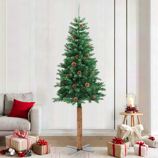 Slim Christmas Tree with Real Wood and Cones Green 210 cm PVC