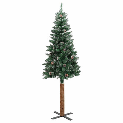 Slim Christmas Tree with Real Wood and White Snow Green 210 cm
