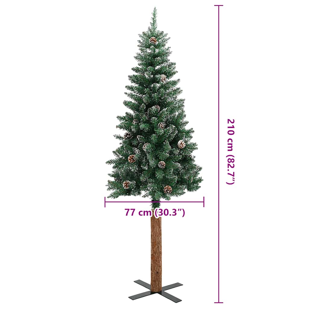 Slim Christmas Tree with Real Wood and White Snow Green 210 cm