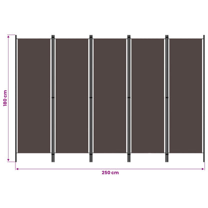 320724 vidaXL 5-Panel Room Divider Brown 250x180 cm