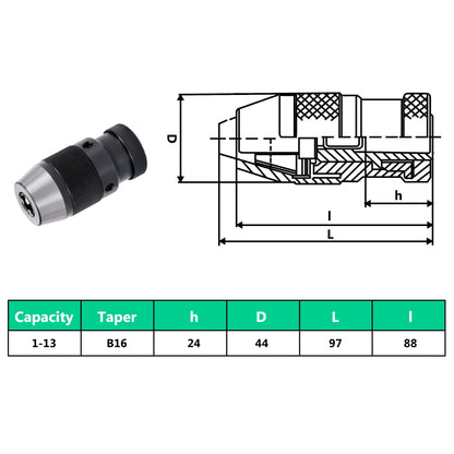Quick Release Drill Chuck MT2-B16 with 13 mm Clamping Range