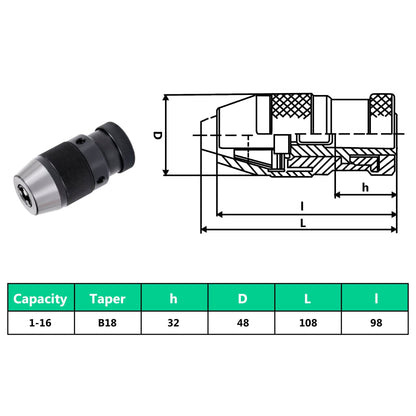 Quick Release Drill Chuck MT3-B18 with 16 mm Clamping Range